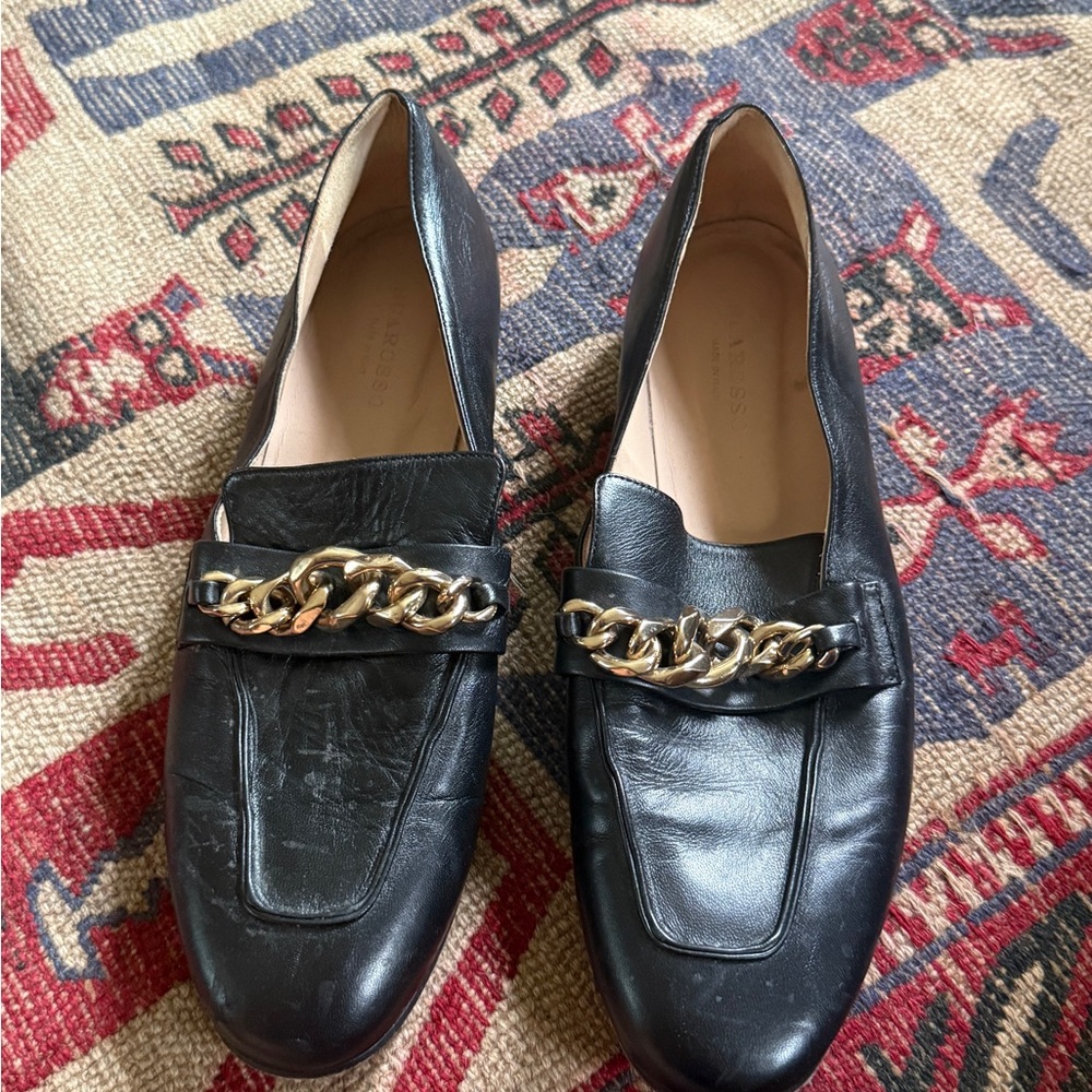 Black Leather Loafers with Gold Chain